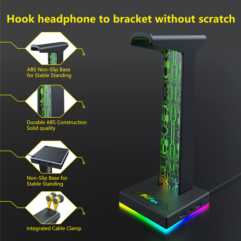 PIIFOX HS-01 RGB Gaming Headset Holder 3D Light Effect Headphone Desk Stand with 2 USB 3.5mm Audio Interface PIIFOX HS-01 RGB Gaming Headset Holder 3D Light Effect Headphone Desk Stand with 2 USB 3.5mm Audio Interface